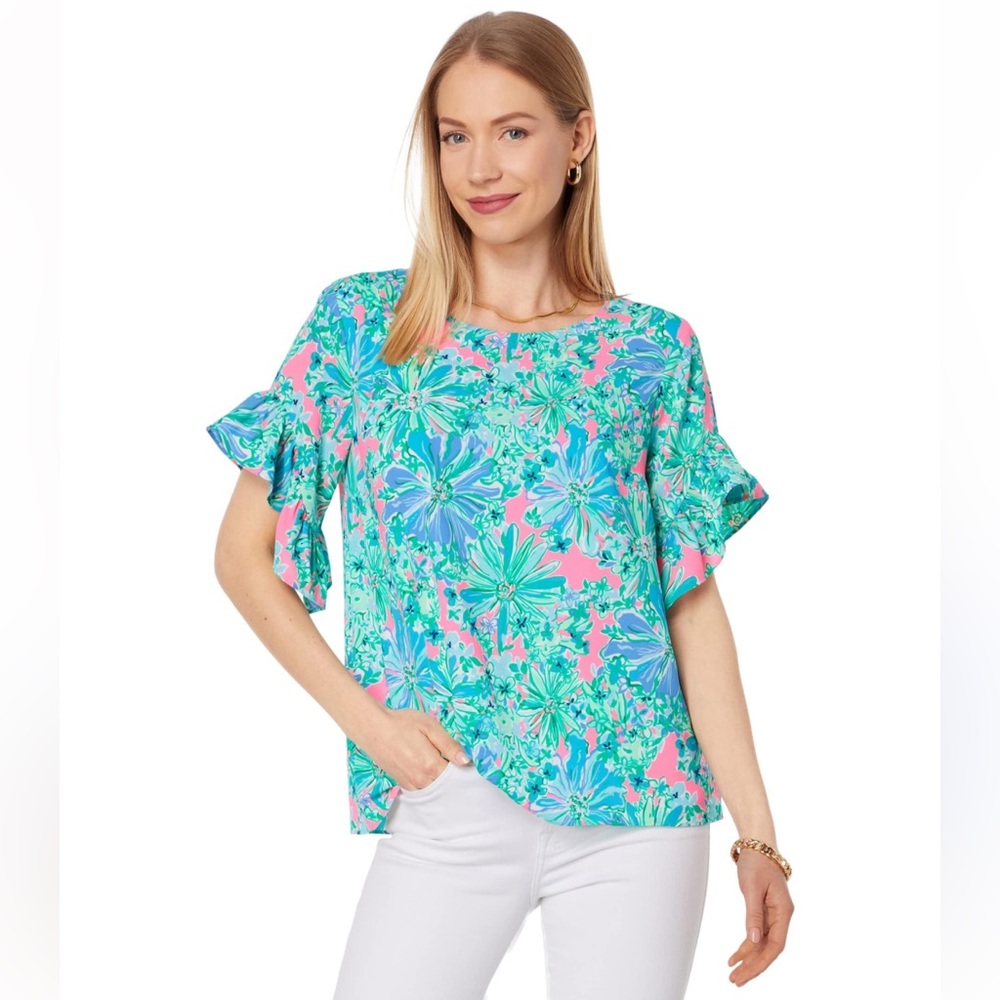 Lilly Pulitzer Blue and Pink and green Floral Blouse size S